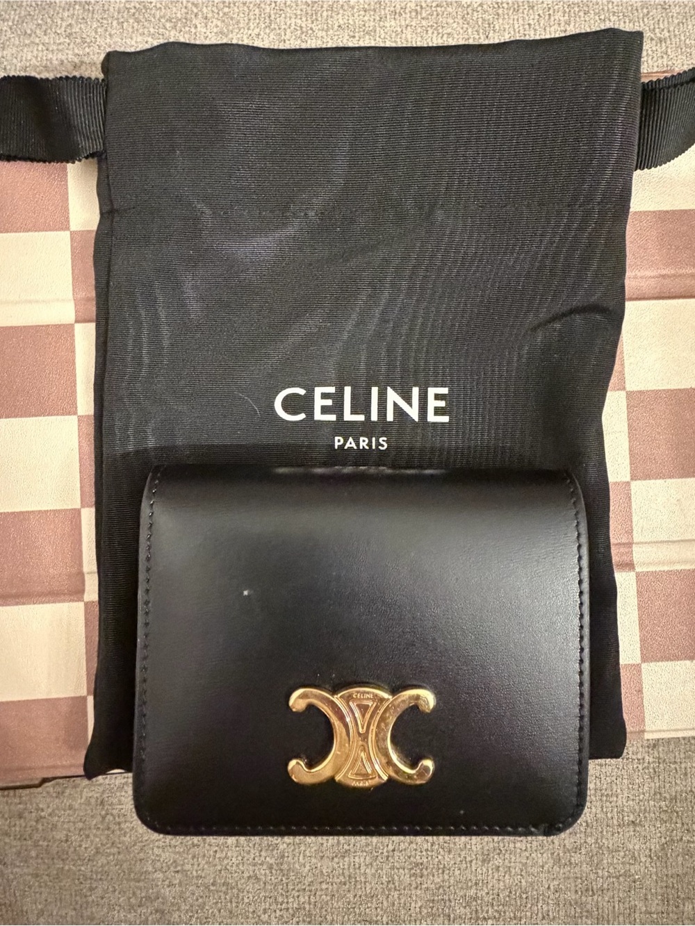 Celine Shiny Calfskin Triomphe Compact Wallet Black